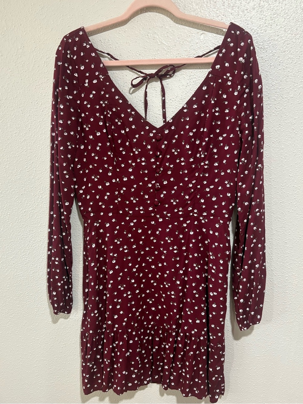 Hollister Burgundy Floral Mini Dress | Long Sleeve Button Front | Size Large